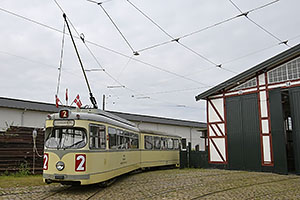 Jystrup: Sporvejsmuseet Skjoldenæsholm, električka Düwag #RBG 2412 (Rheinische Bahngesellschaft) z roku 1957, 24.7.2022 Sporvejsmuseet
